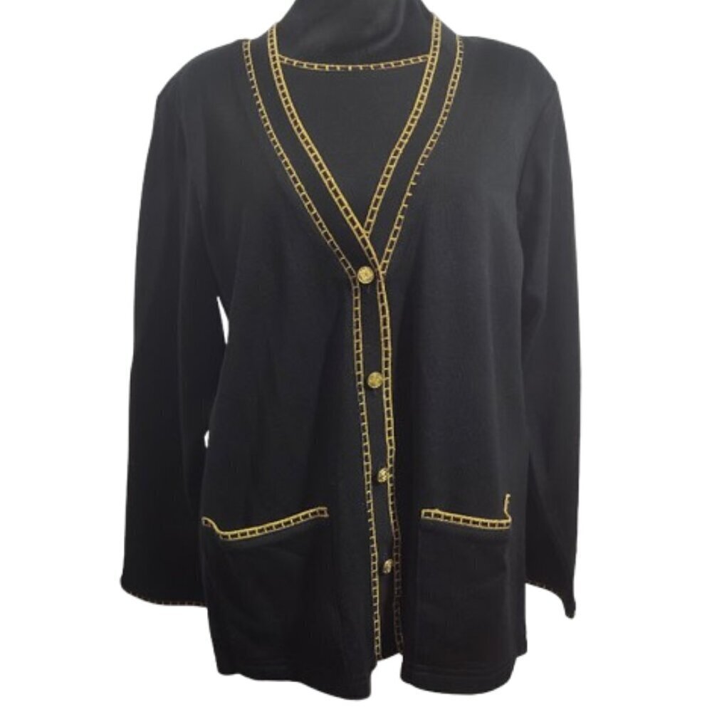 Cathy Daniels Long Sleeve Black W/Gold Trim Medium Blouse with Shoulder Pads NWT